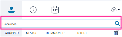Når søkeboksen i Skype for Business er tom, er disse fanene tilgjengelige: Grupper, Status, Relasjoner og Ny.