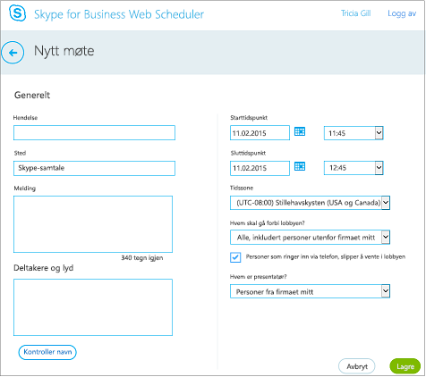 Web Scheduler-skjermen der du oppgir møtedetaljer og legger til inviterte