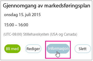 Møtedetaljer med Info-knappen uthevet