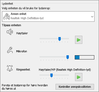Tilpassede innstillinger – høyttaler, mikrofon, ringeenhet– for lydenhet