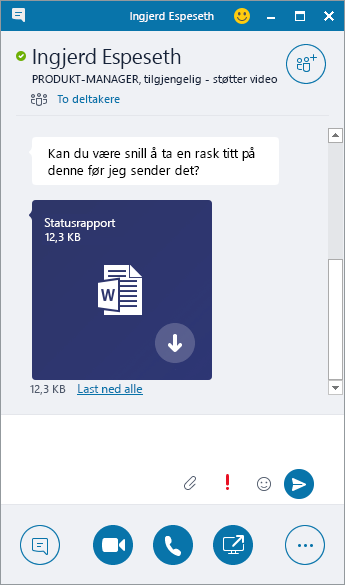 Skjermbilde av et direktemeldingsvindu med et innkommende vedlegg.