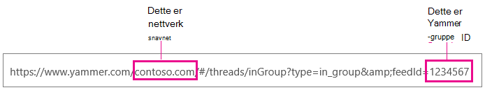Yammer URL-adresse med nettverksnavn og gruppe-ID uthevet