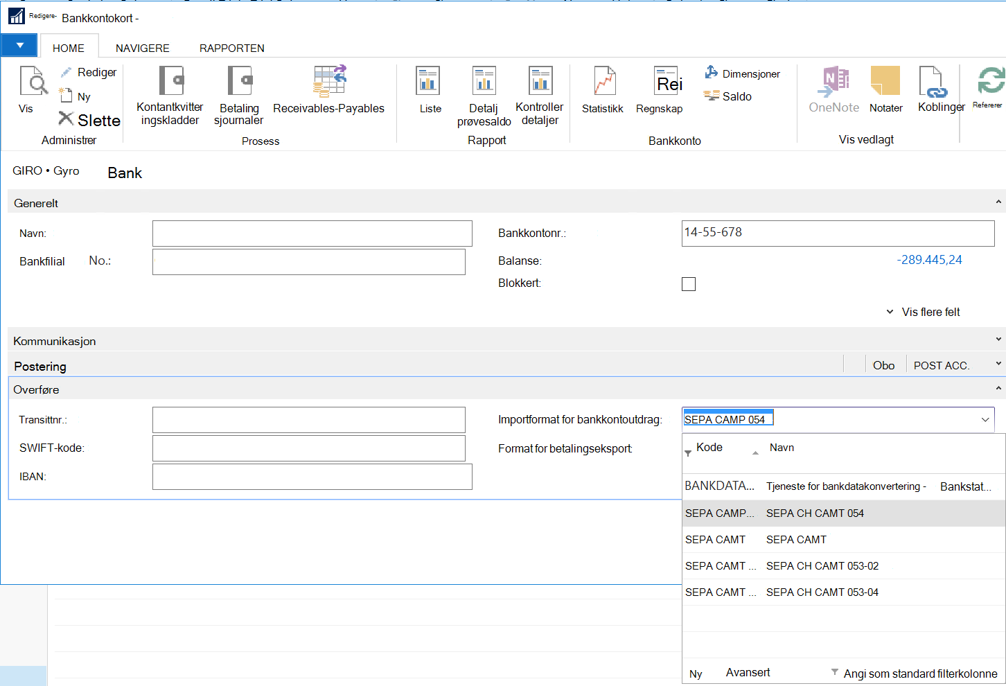 Rediger bankkonto og angi importformat for bankkontoutdrag