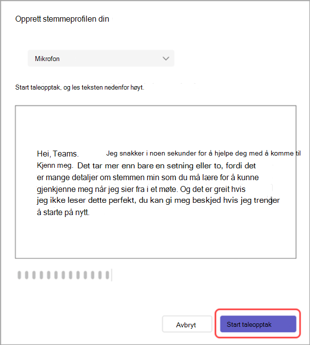 Skjermbilde av dialogboksen Opprett stemmeprofil med Start taleopptak-knappen uthevet.