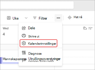 Skjermbilde som uthever kalenderinnstillinger i Teams-kalenderen.