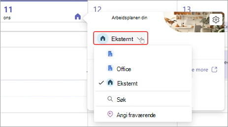 Skjermbilde som viser rullegardinmenyen for arbeidsplan i Teams-kalenderen.