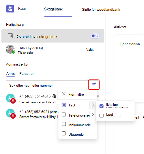 Skjermbilde som viser samtalefilterdetaljer i Køer-appen.