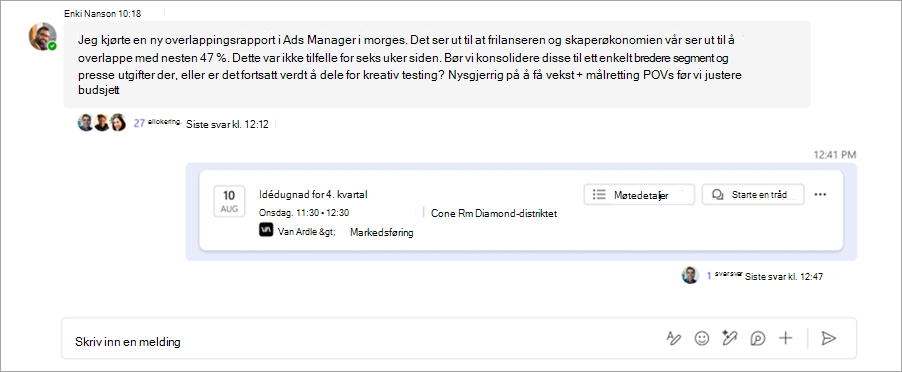 Skjermbilde som viser den trådede møtechatten i en Microsoft Teams-kanal.
