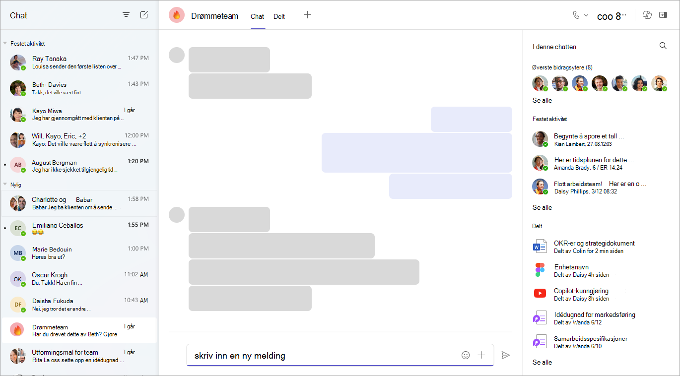 Et skjermbilde av chat-appen som viser nylige meldinger, de beste bidragsyterne, festede meldinger, delte filer og en tekstboks med en Send-knapp.