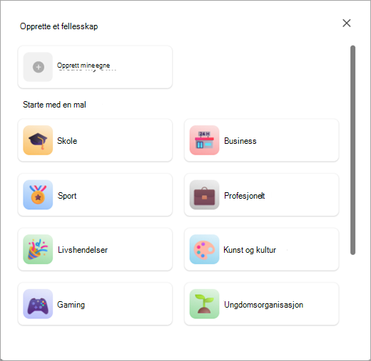 Skjermbilde av knappene for å opprette et fellesskap med eller uten en mal i Fellesskap i Microsoft Teams (gratis).