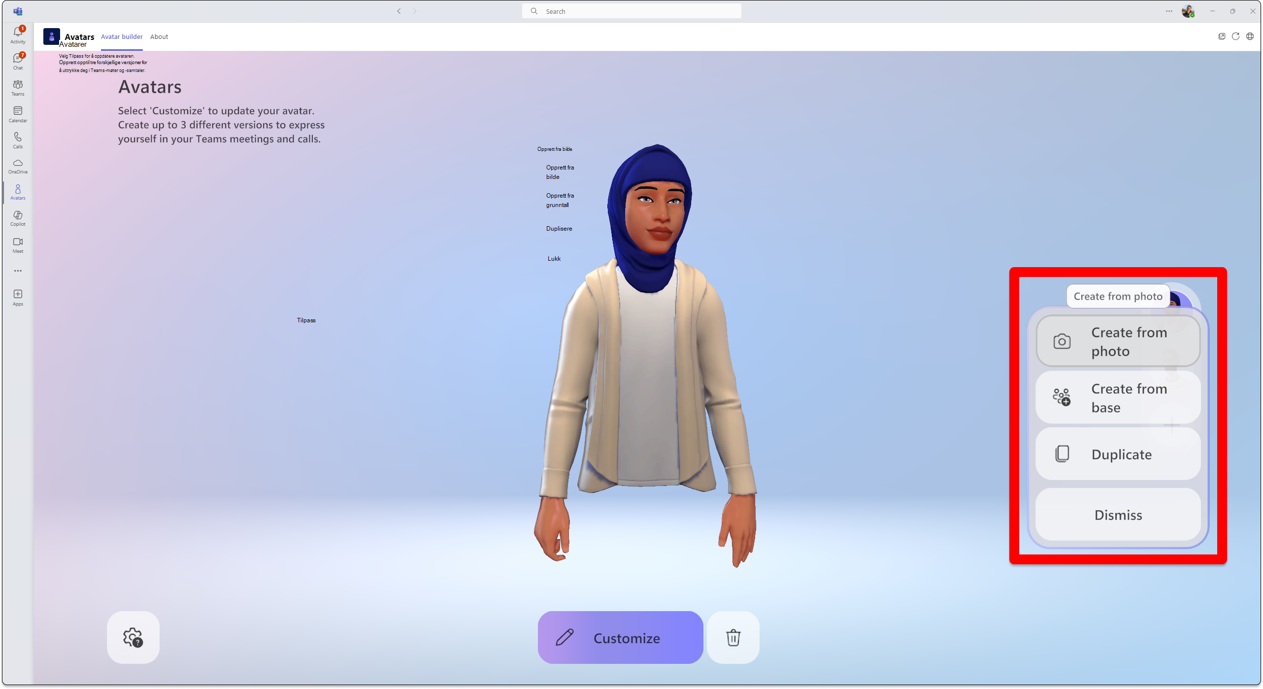 Skjermbilde av avatarer i team som viser hvordan du oppretter en avatar fra et bilde.