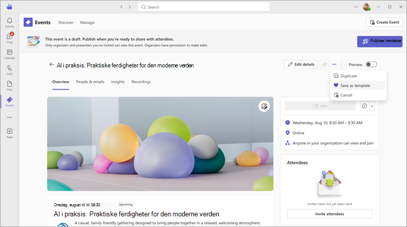 Et skjermbilde av Administrer-fanen i Teams Events-appen