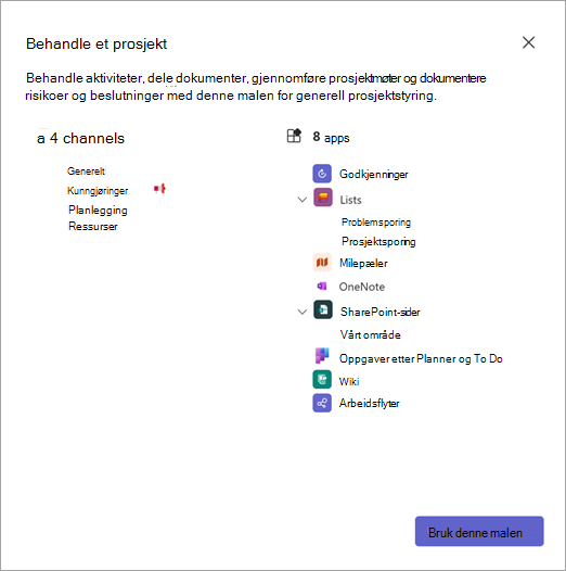 Skjermbilde som viser detaljer om teammal