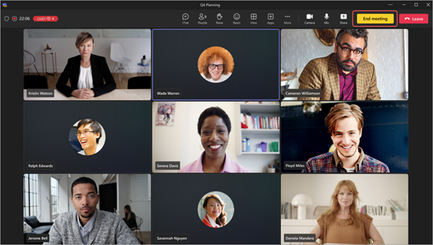 Skjermbilde av et Microsoft Teams-møte eller -arrangement med Avslutt arrangement-knappen uthevet.