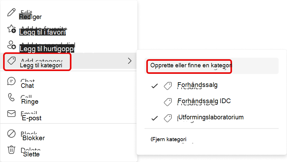 Skjermbilde av menyen Legg til kontakt i kategori