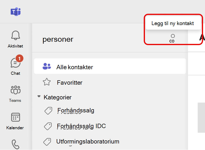 Skjermbilde av legg til nytt kontaktikon i Teams People App