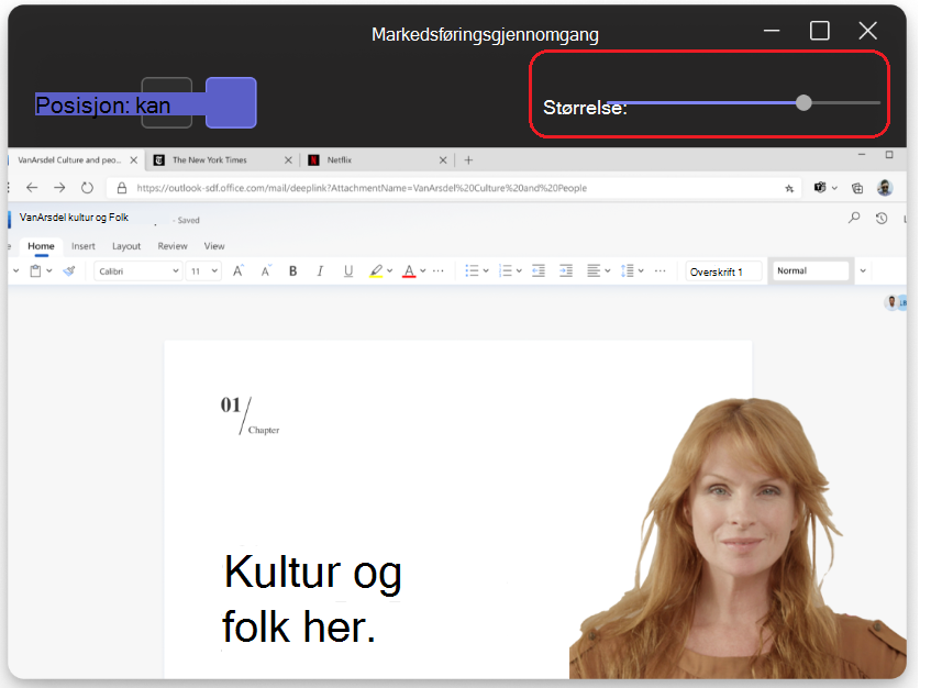 Bilde som viser glidebryteren for størrelse øverst på siden i presentasjonsmodus.