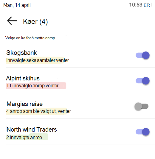 Skjermbilde som viser hvordan du melder deg inn og ut av samtalekøer