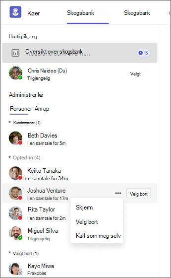 Købehandlingssystem som viser agentstatuser og alternativer for å overvåke, melde seg ut eller ringe.