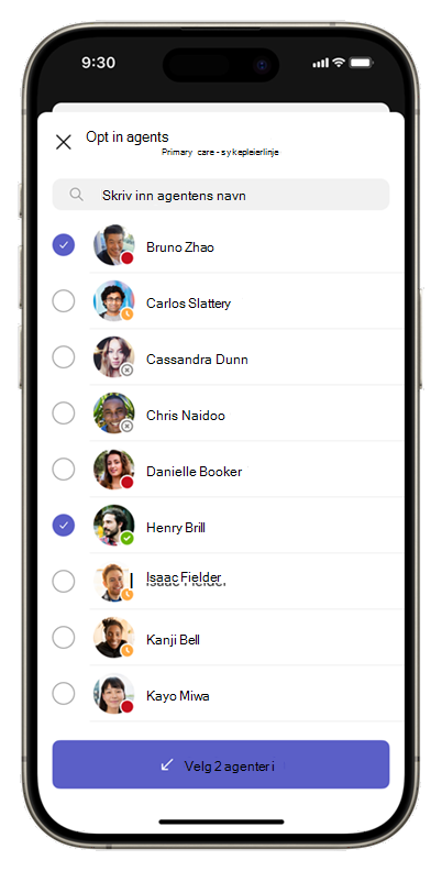 Skjermbilde av People-fanen i Køer-appen på mobil, som viser listen Over opt-in-agenter.