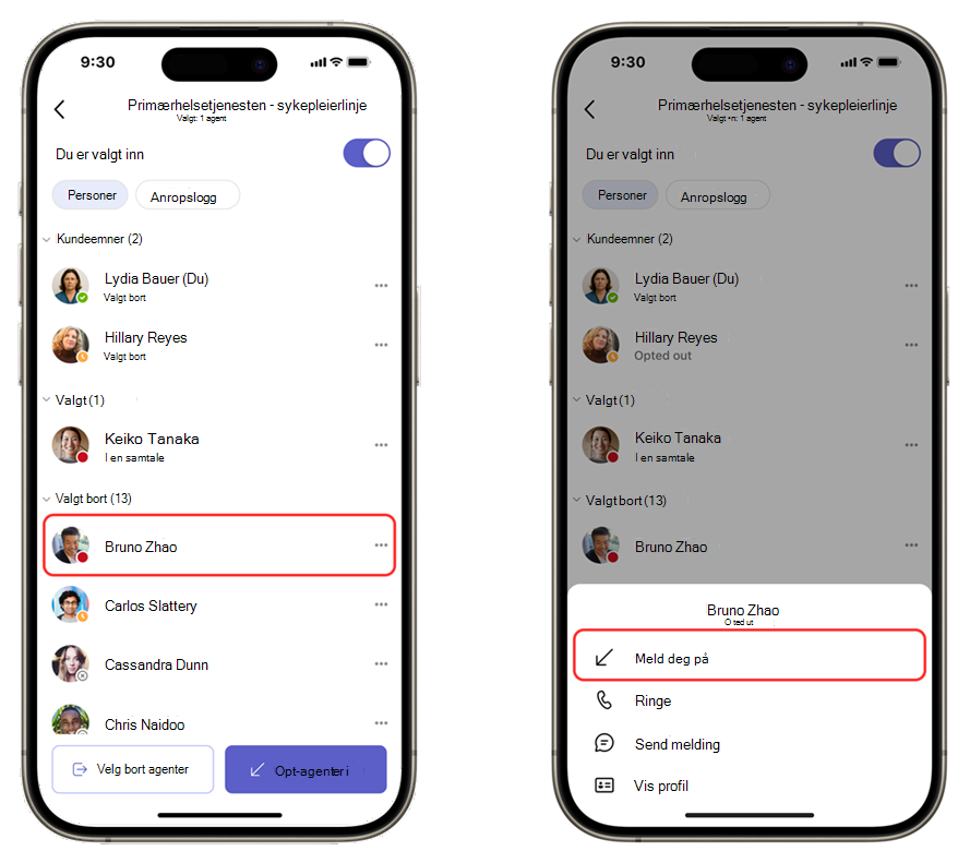 Skjermbilder av People-fanen i Køer-appen på mobil, som viser alternativet Velg på for en valgt person.