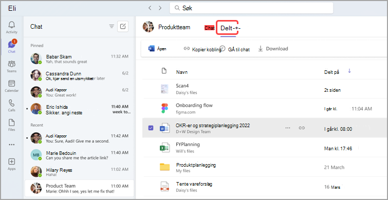 Et chattevindu på arbeidsplassen med nylige meldinger, delte filer og detaljer om disse, inkludert navn, beskrivelser og tidsstempler.