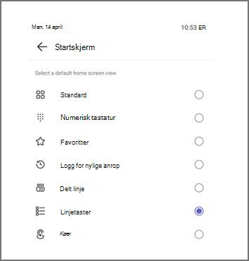 Meny for å velge standard startskjermvisning med Linjetaster valgt.