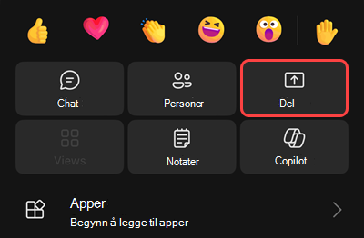 En meny i et møte, med alternativer for å starte innspillingen, plassere deg selv på vent, ringe deg selv, dele, få et numerisk tastatur eller slå av innkommende video.