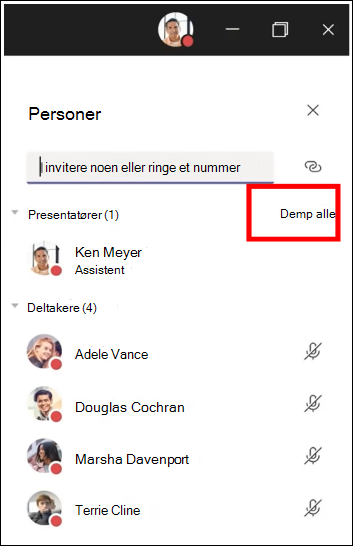 Du kan dempe alle deltakere i et møte.