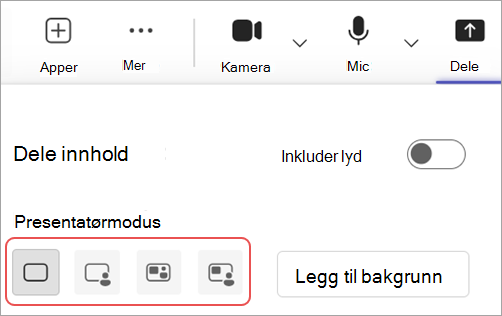 Skjermbilde som uthever ulike presentatørmoduser i Microsoft Teams-møtekontroller.