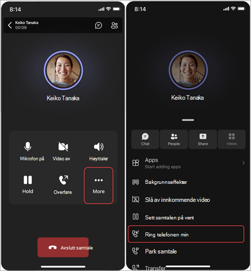 Skjermbilde som viser trinnene for å flytte anrop fra Teams Phone Mobile til mobiltelefonen