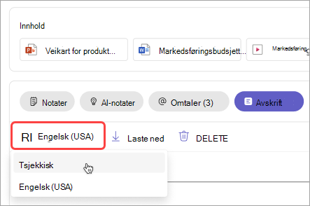 Skjermbilde som viser hvordan du endrer transkripsjonsspråket i møteoppsummering.