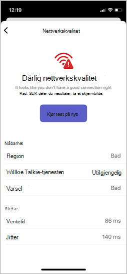 Skjermen Test nettverkskvalitet i Walkietalkie