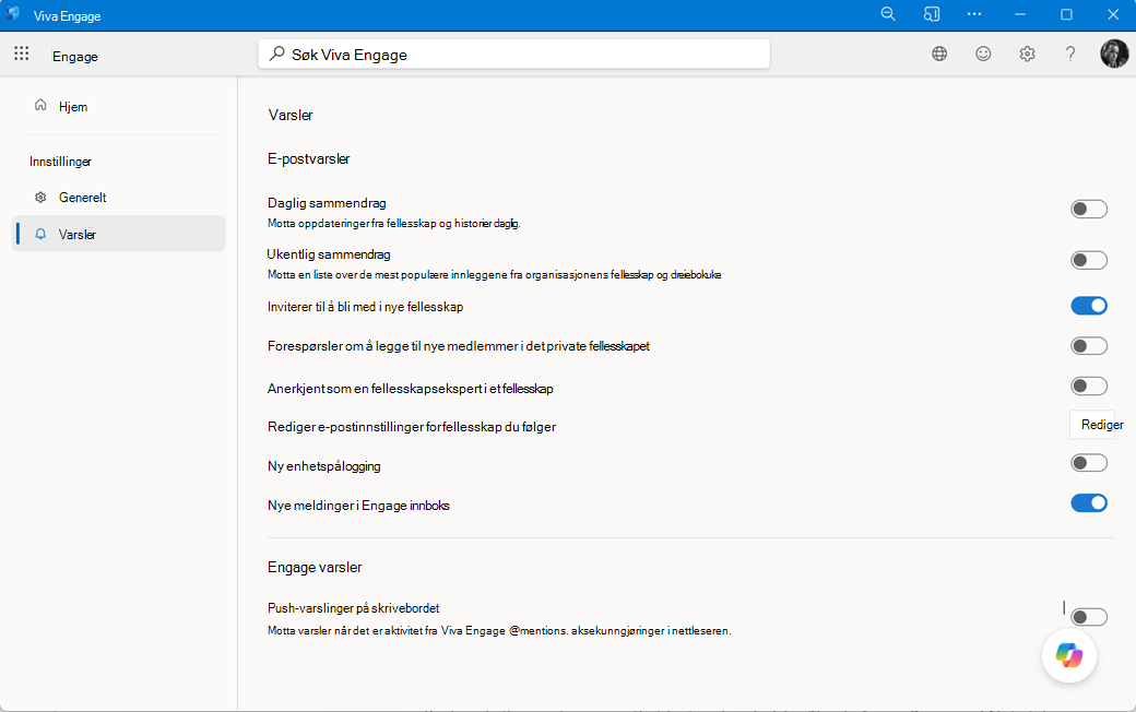 Innstillinger for varsler for Engage net work