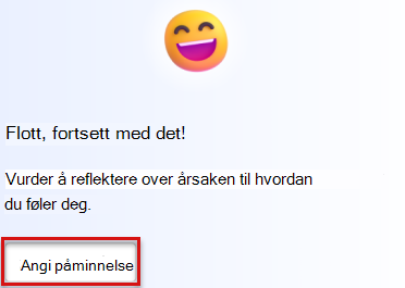 Skjermbilde som viser et tilbakemeldingskort for refleksjon med en Angi påminnelse-knapp uthevet