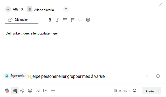 Skjermbilde som viser hvor Mine team presenteres i en ny kunngjøring i dreieboken