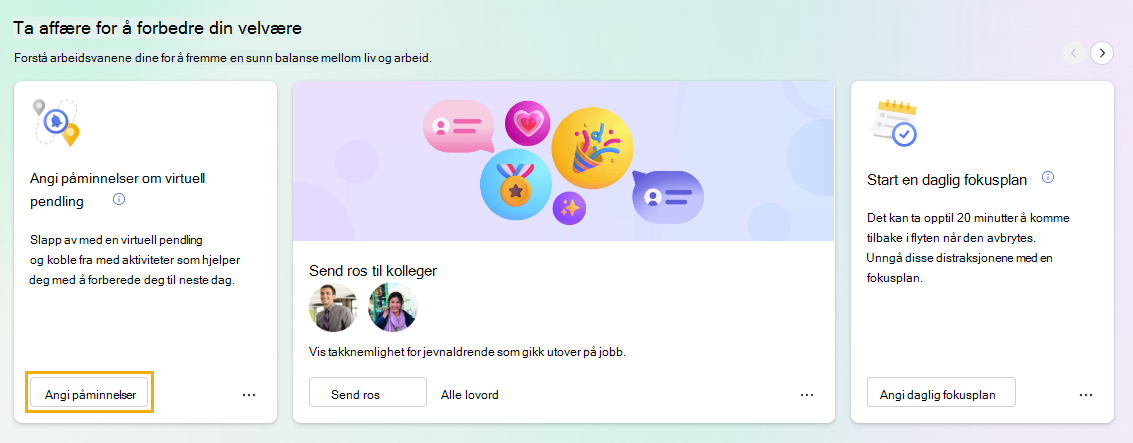 Skjermbilde som viser startkortet Angi påminnelser for virtuell pendling.