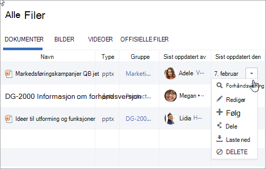 Rullegardinlisten i kolonnen Sist oppdatert den viser mulige handlinger