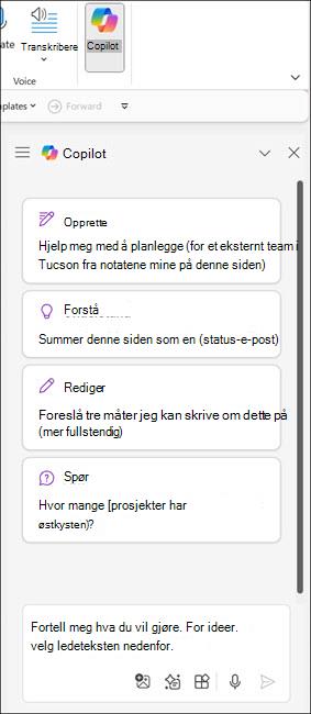 Skjermbilde av Copilot-ruten i OneNote