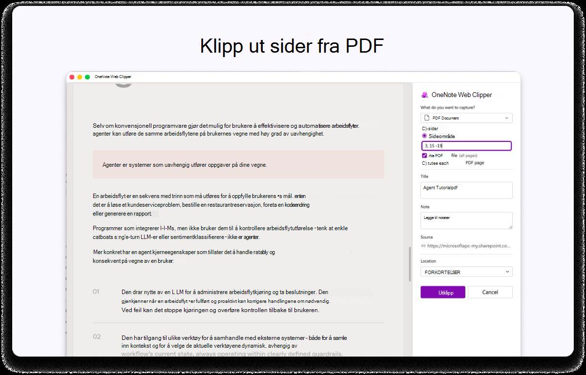 Skjermbilde av en PDF-side med et sidepanel for innstillinger. Teksten øverst sier til utklippssider fra PDF.