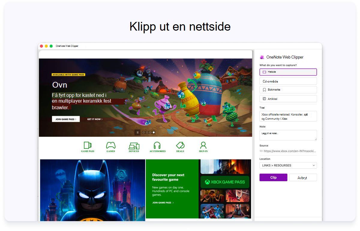 Skjermbilde av en hel nettside med et sidepanel for innstillinger. Teksten øverst sier at du kan klippe ut en nettside.