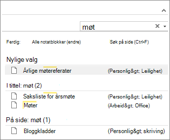 Bruk Søk til å søke etter notater hvor som helst i OneNote.