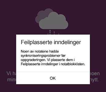 Varsling om feilplasserte inndelinger i OneNote for Android