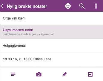 Listen over nylig brukte notater i OneNote for Android