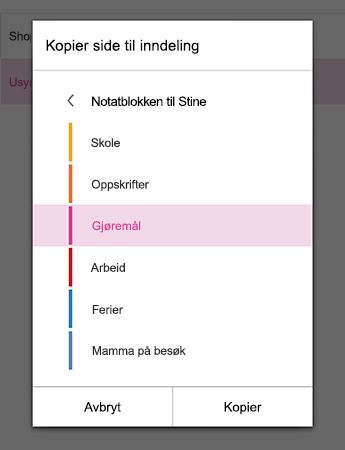 Menyen Kopier side til inndeling i OneNote for Android