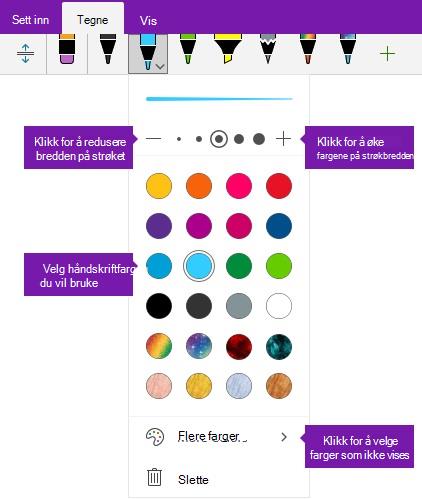 Alternativer for håndskriftstrøkbredde og -farge i OneNote for Windows 10