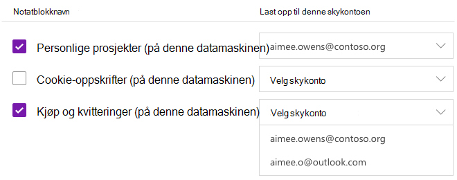 Valgte notatblokker som skal lastes opp til en skykonto