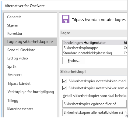Skjermbilde av dialogboksen Alternativer for OneNote i OneNote 2016.