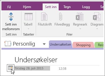 Skjermbilde av hvordan du endrer datoen på en side i OneNote 2016.