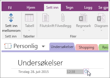 Skjermbilde av hvordan du endrer klokkeslettet på en side i OneNote 2016.